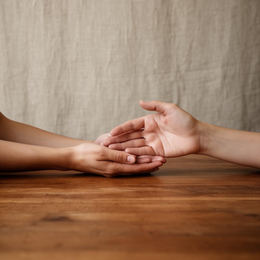 Two hands meeting across a wooden table